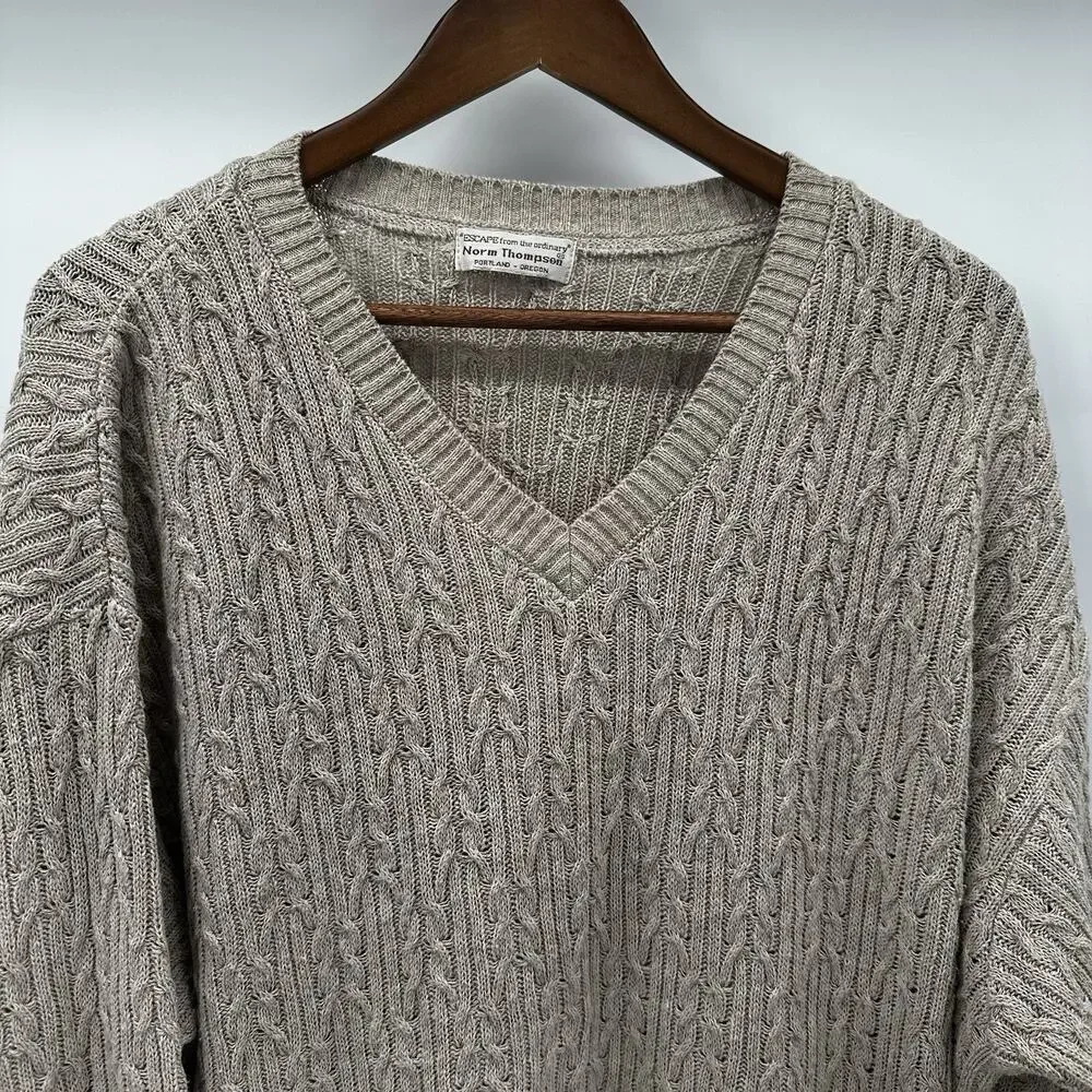 Norm Thompson Sweater‎ Mens Large Cable Knit Vneck Fisherman Beige Pull Over